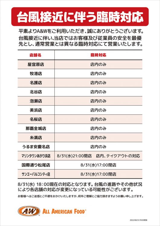 台風接近に伴う臨時対応のお知らせ